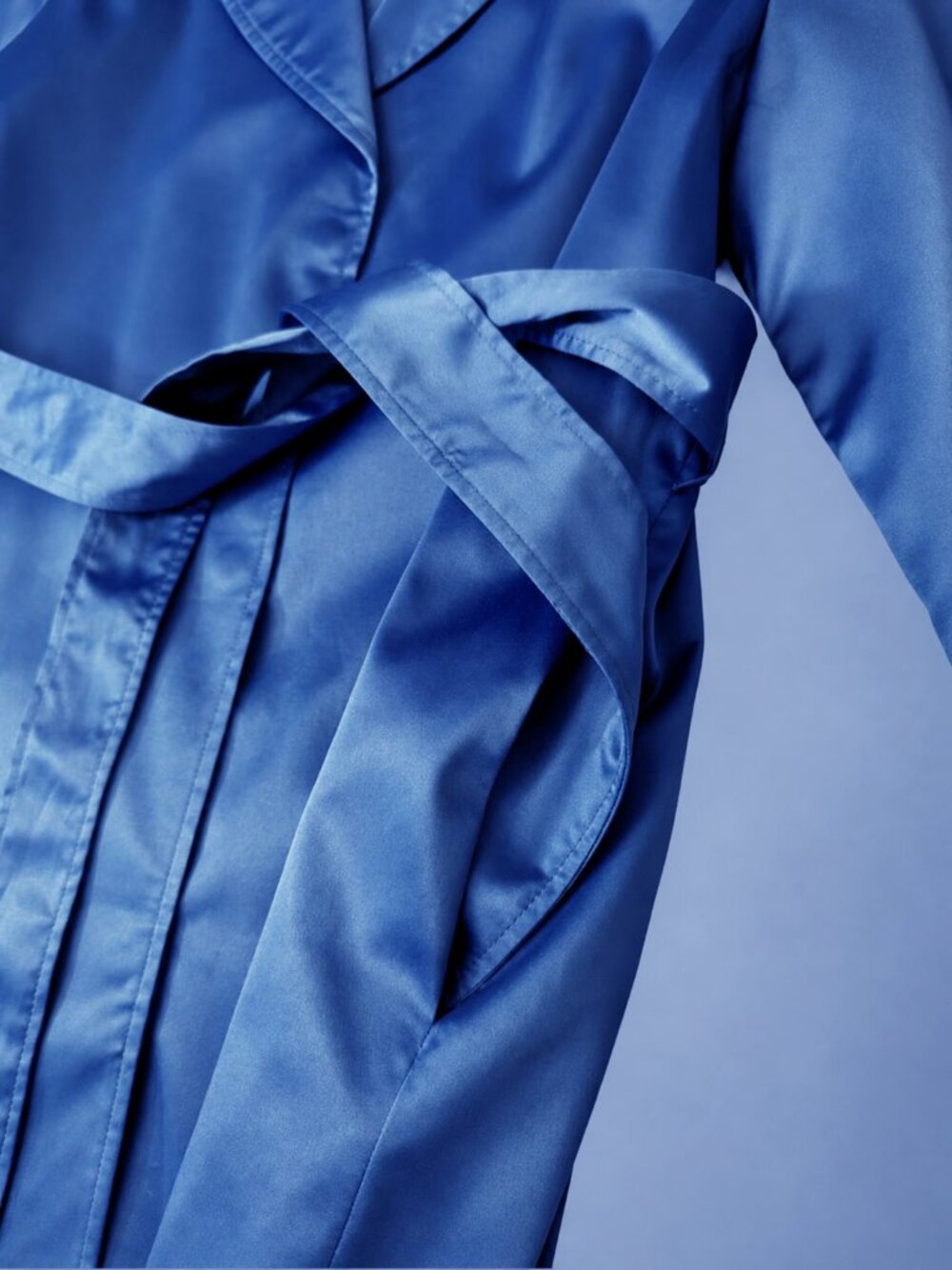 Royal Blue Satin Trench Coat Dress Belted 3/4 Sleeves Lined - Picture 5 of 8